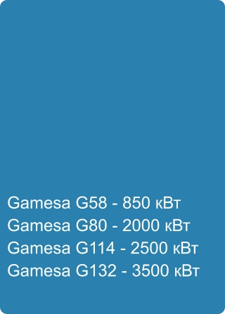 Gamesa G58 - 850 кВт Gamesa G80 - 2000 кВт Gamesa G114 - 2500 кВт Gamesa G132 - 3500 кВт